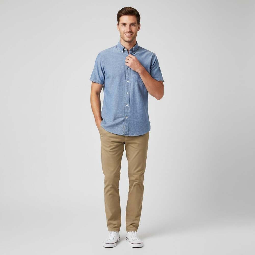 J Crew Chambray Shirt Mens Medium Slim Short Sleeve Button Down Blue Cotton